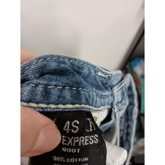 VTG Y2K Rerock For Express Bootcut Jeans Womens Sz 4 Short Blue Denim Distressed - Picture 10 of 12